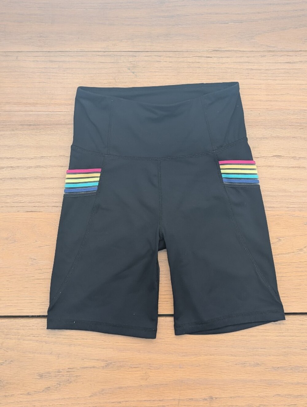 Marika Cycle House Black High-Waist Bike Shorts with Rainbow Side Stripe Pockets